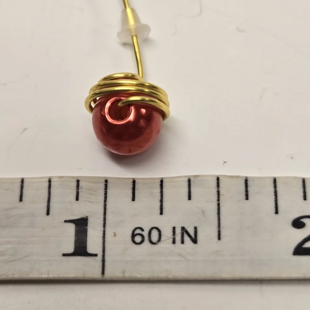 Hand Crafted Gold and Red Faux Pearl Post Earrings - Picture 6 of 10